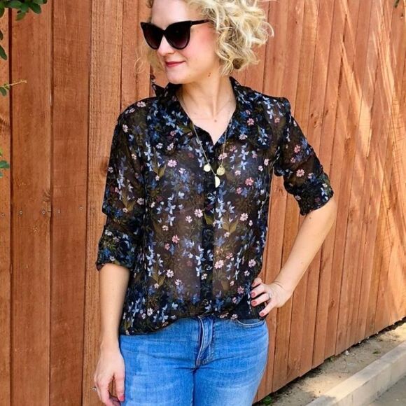 👚Cabi Floret Black Floral Ruffle Collar Button Long Sleeve Blouse Sz Small NWOT - Picture 10 of 10